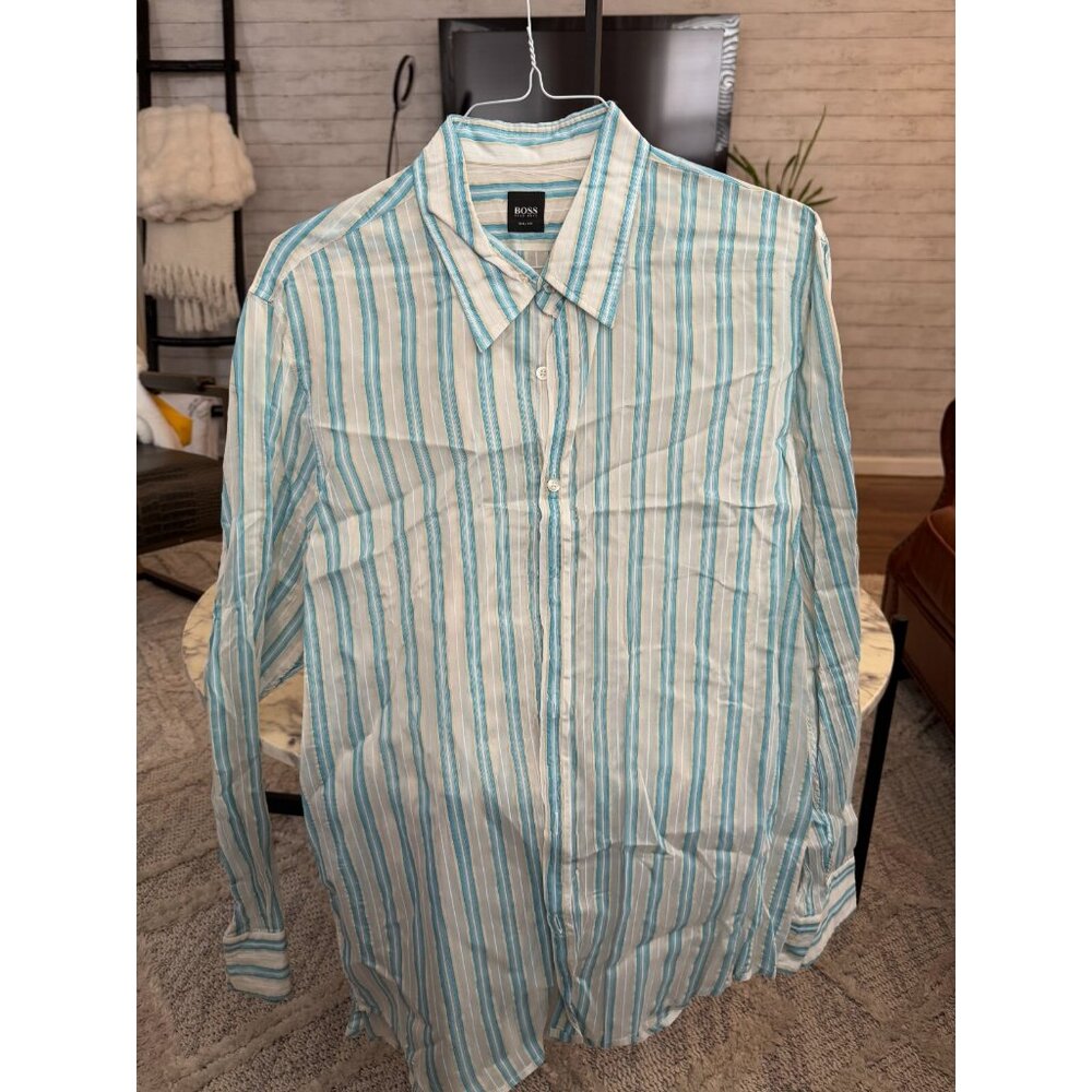 Hugo Boss Slim Fit 100% Cotton Button Down Blue Stipes Shirt Mens Size XXL